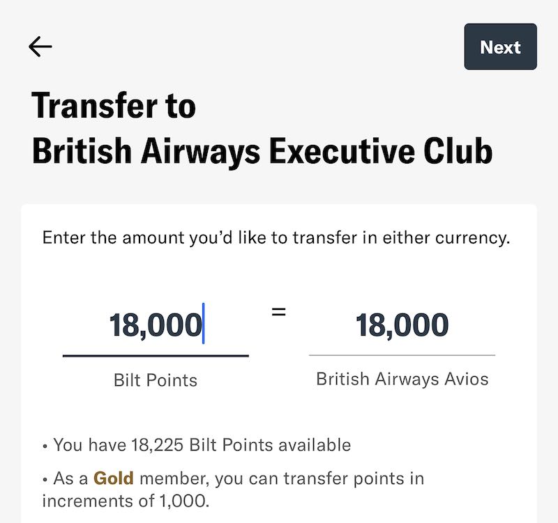 Bilt Points Transfer Avios